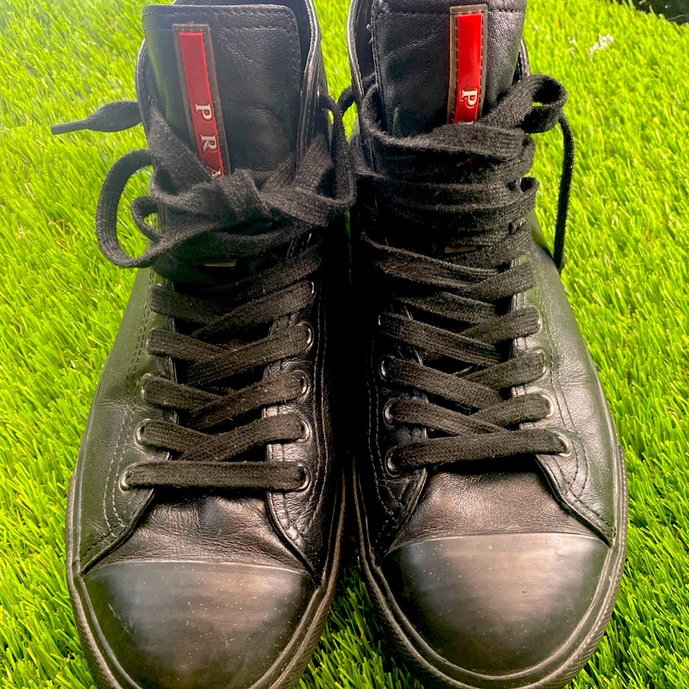 PRADA NAPPA leather black lace up high sneaker shoes.  4T 2583 .